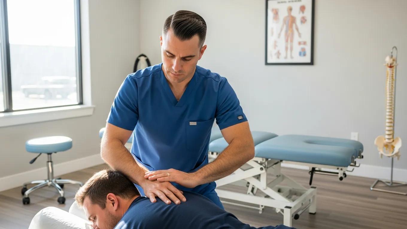 Chiropractor performing a spinal adjustment on a patient in a chiropractic clinic