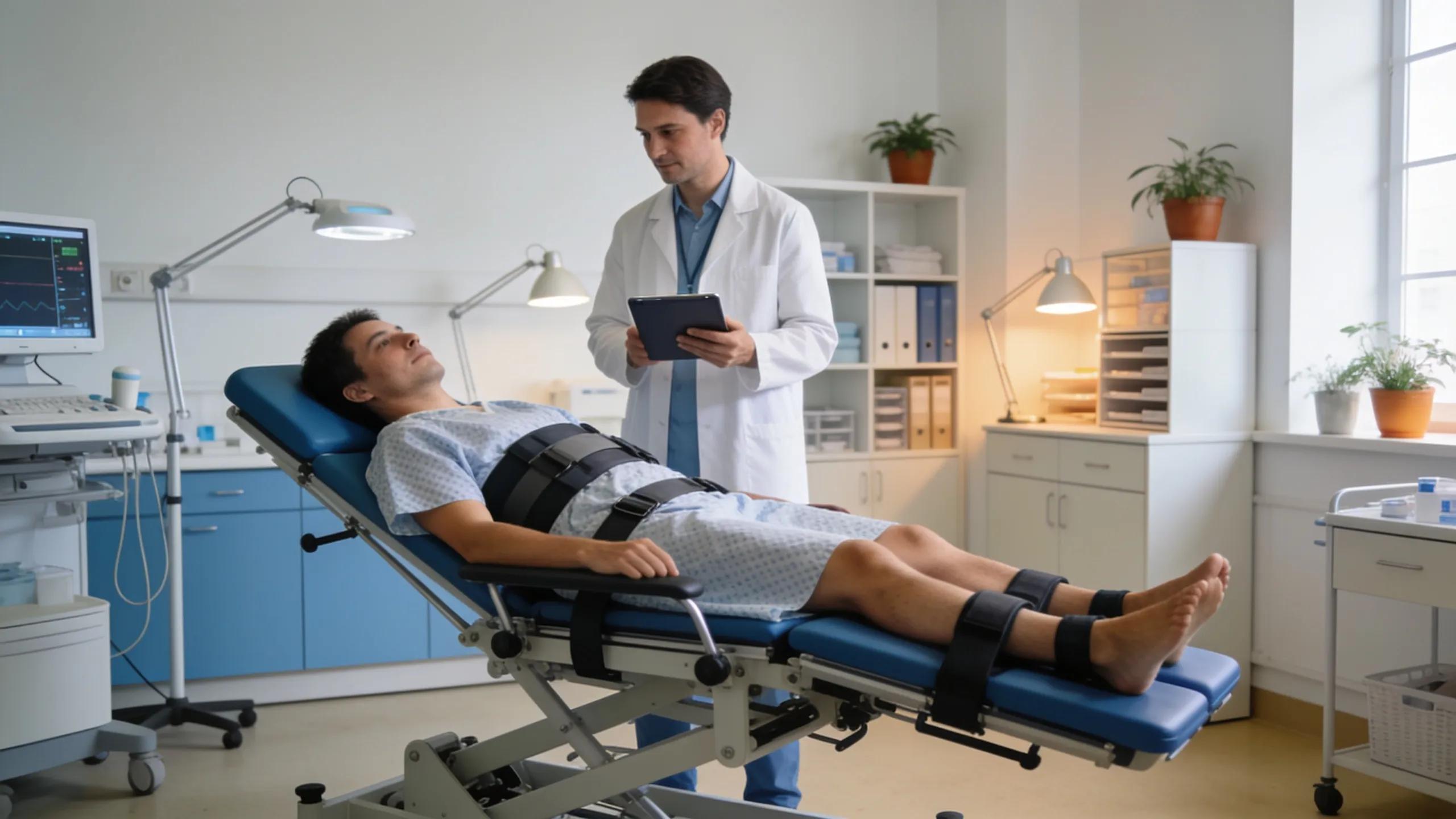 Patient receiving spinal decompression therapy in a modern clinic, emphasizing treatment safety and comfort