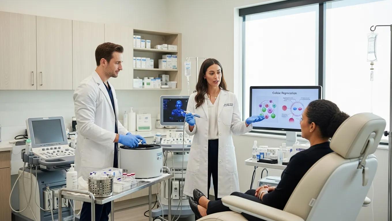 Practitioners demonstrating regenerative therapy treatments in a modern clinic setting