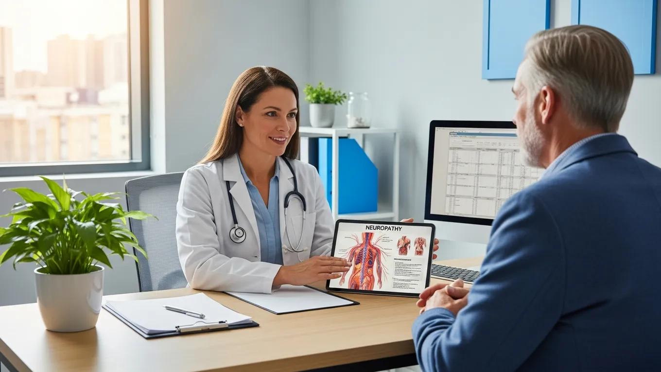 Healthcare professional consulting with a patient about neuropathy treatments in a modern clinic
