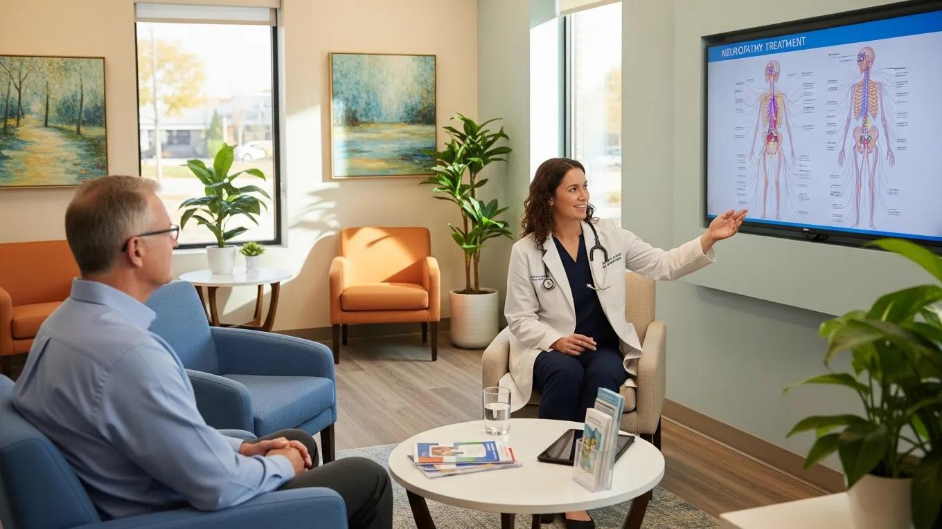 Welcoming clinic environment for neuropathy treatment with healthcare professional and patient interaction