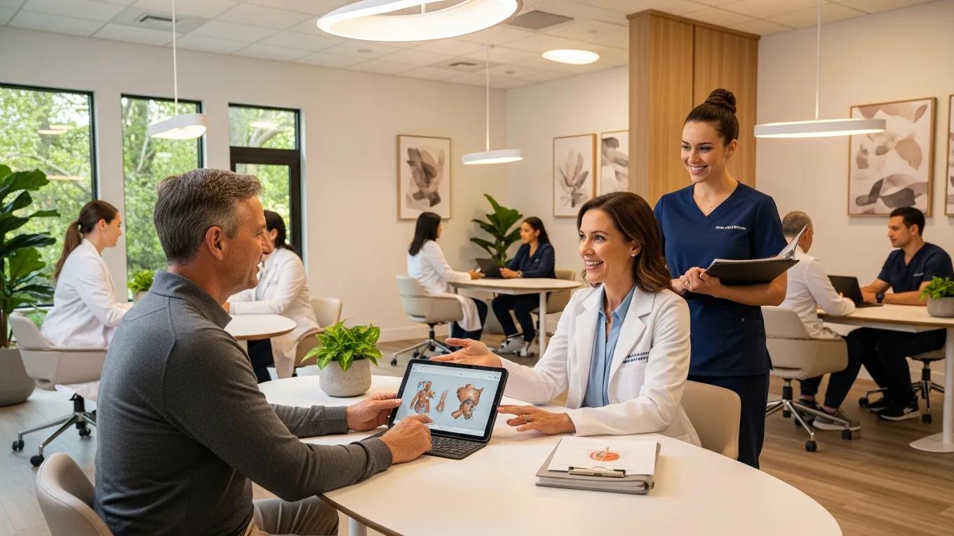 Welcoming regenerative medicine clinic with medical professionals and patients engaged in consultation