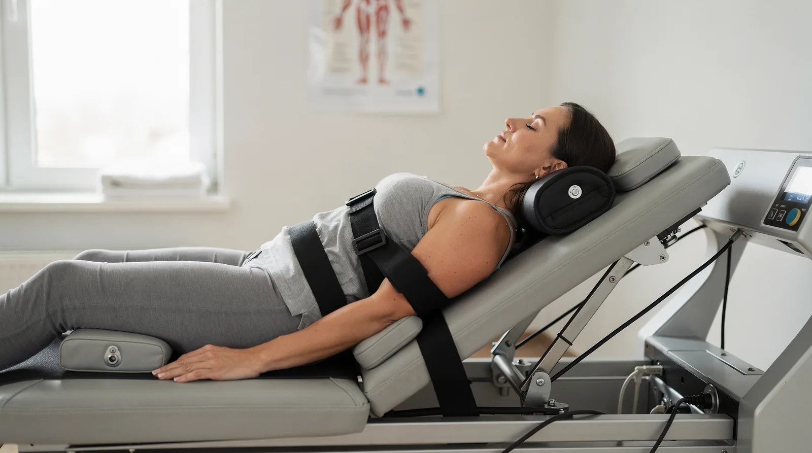Decompression uses a computerized feedback mechanism to decompress spinal nerve roots through segmental distraction.; This