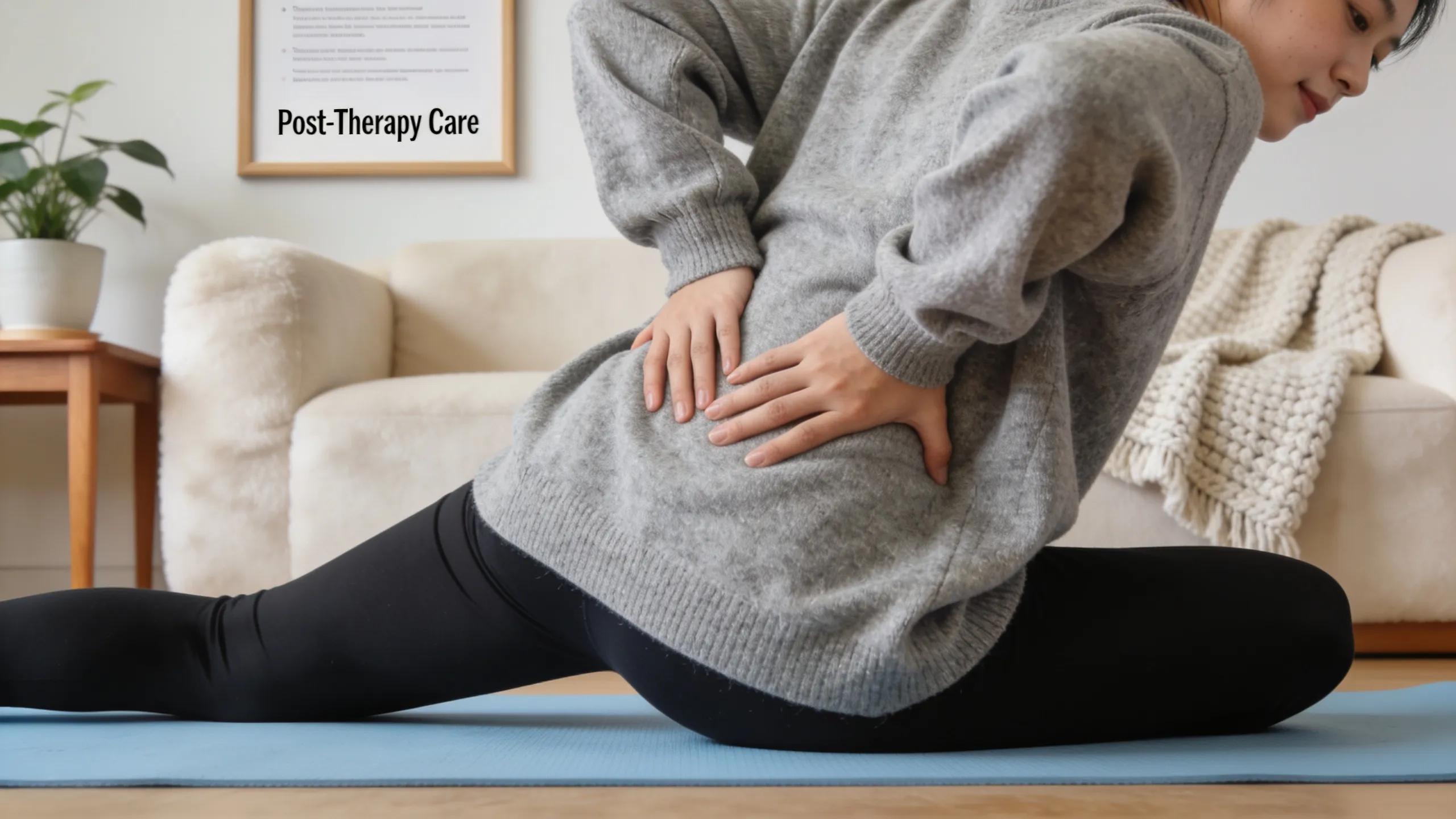 Patient performing gentle stretching exercises at home after spinal decompression therapy, highlighting aftercare importance