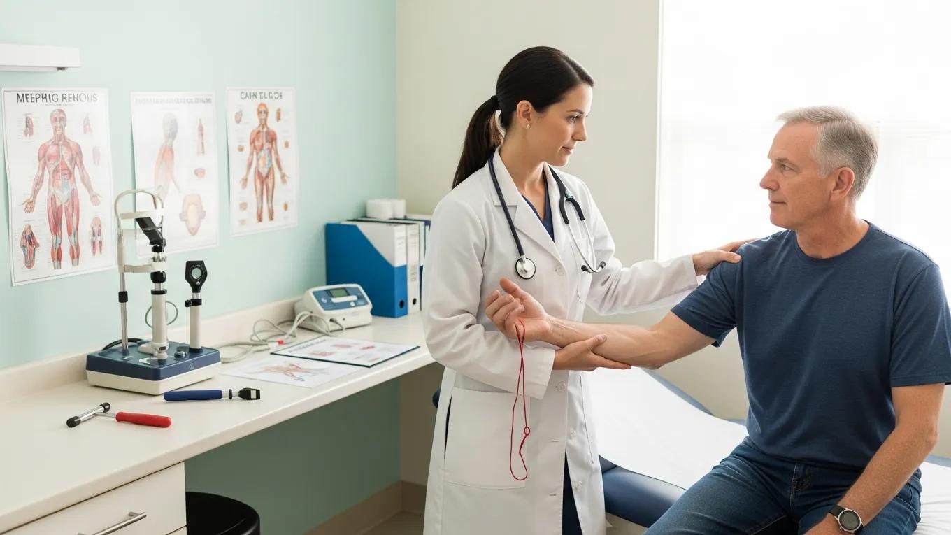 Healthcare professional performing a neurological examination on a patient in a clinical setting