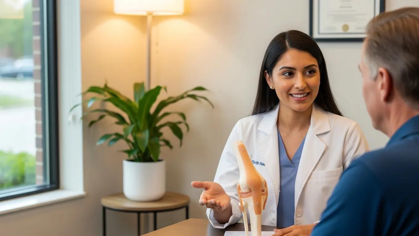 Healthcare professional discussing PRP therapy for joint pain relief in a warm clinic setting