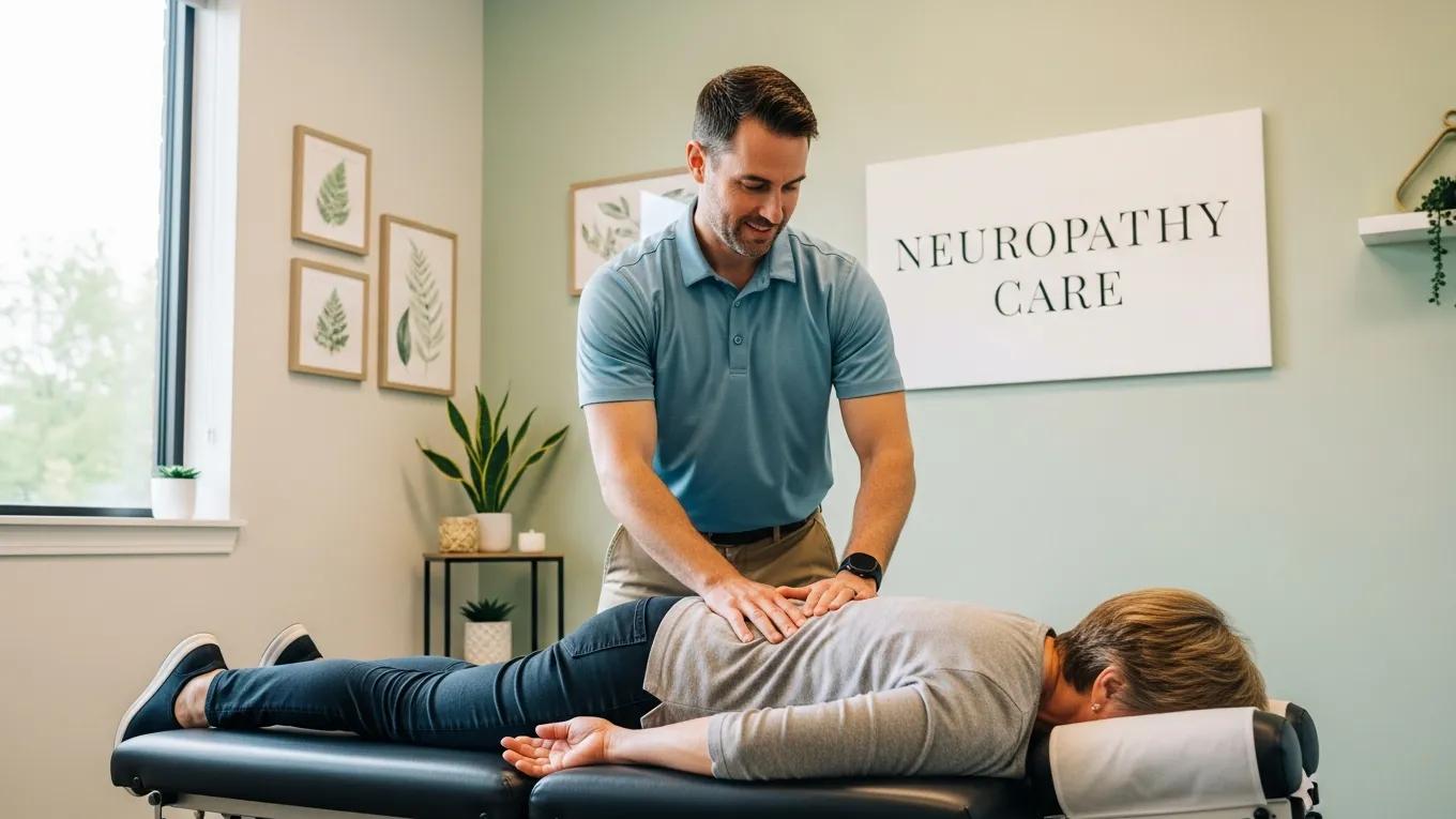 Chiropractor adjusting a patient in a wellness clinic, focusing on neuropathy care