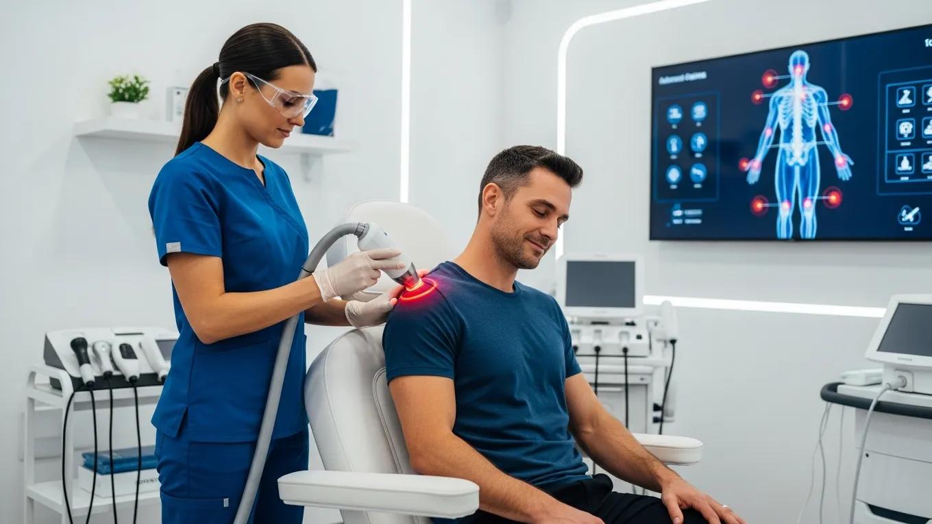 Patient receiving laser therapy for pain management in a modern healthcare setting