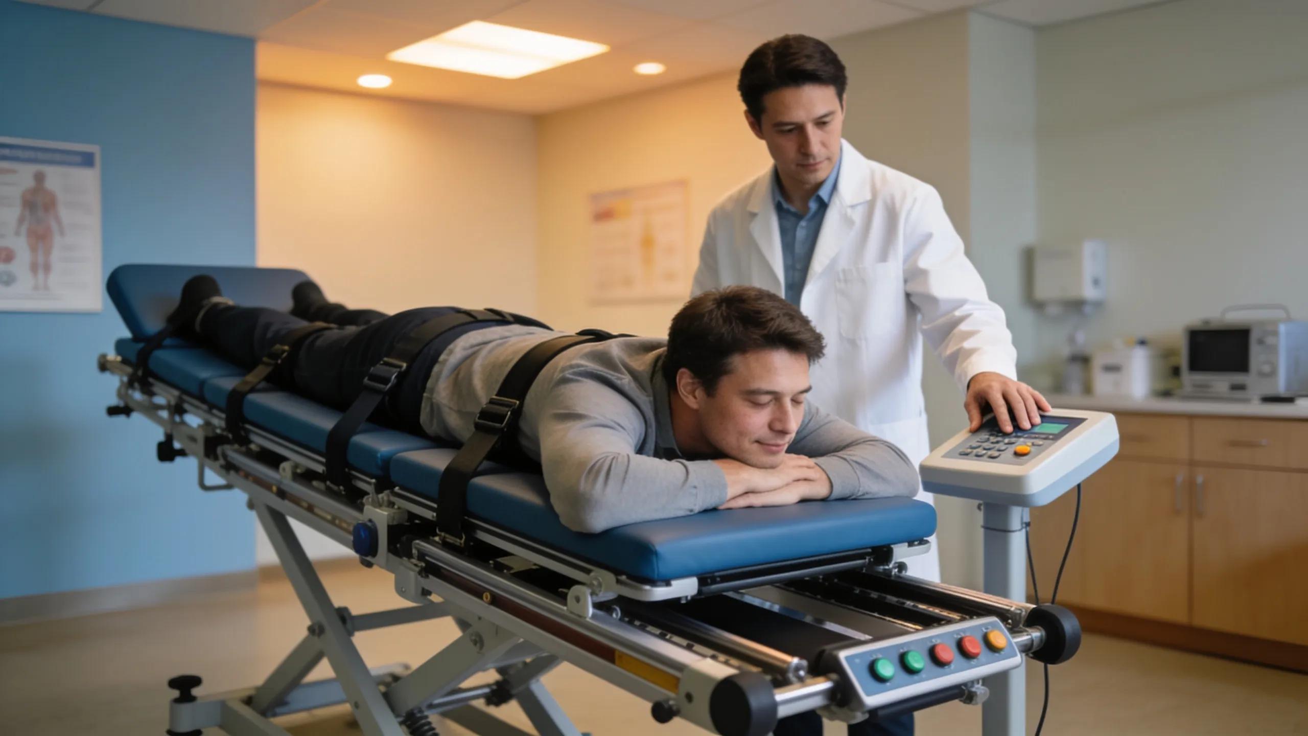 Patient receiving spinal decompression therapy with therapist supervision
