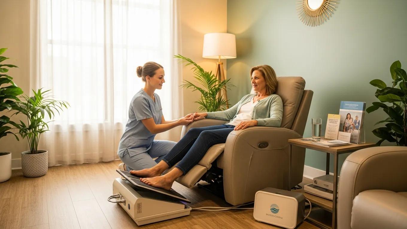 Patient receiving non-invasive treatment for peripheral neuropathy in a calming clinic environment