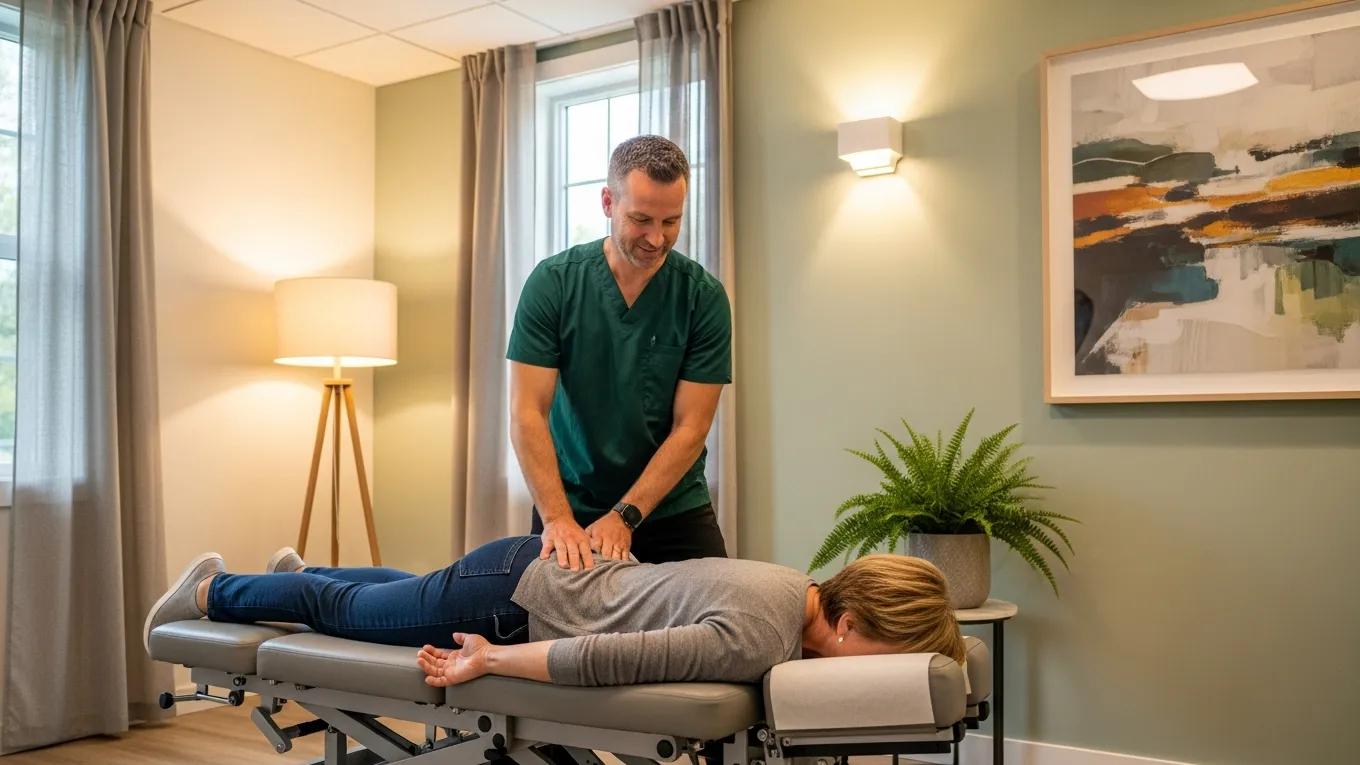 Chiropractor adjusting a patient in a calming clinic environment, emphasizing non-invasive neuropathy treatment
