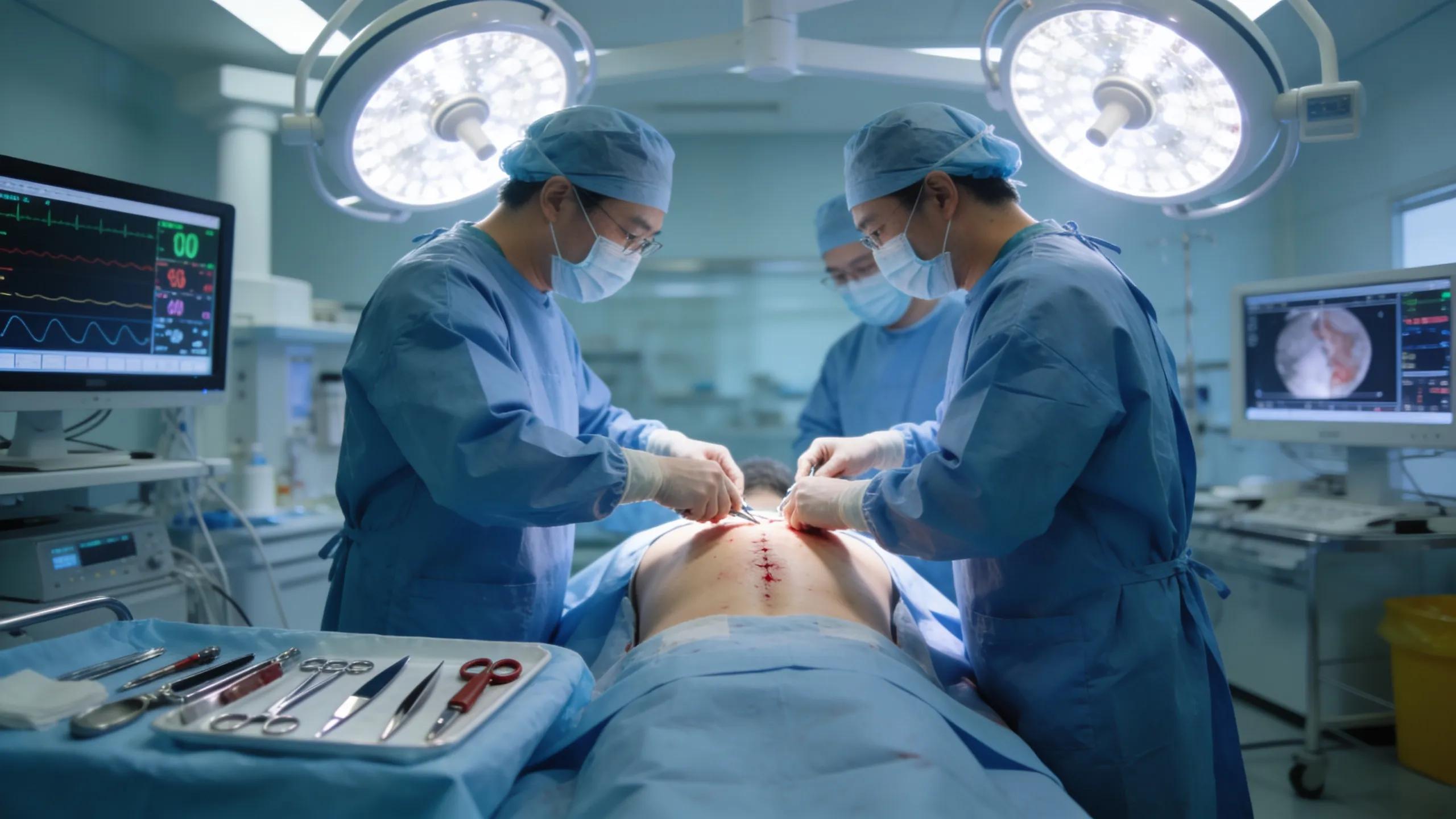 Surgical team performing traditional back surgery, illustrating the benefits and complexities of invasive procedures