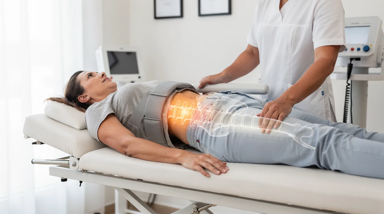 Non-surgical spinal decompression uses a computerized feedback mechanism to decompress spinal nerve roots through controlled