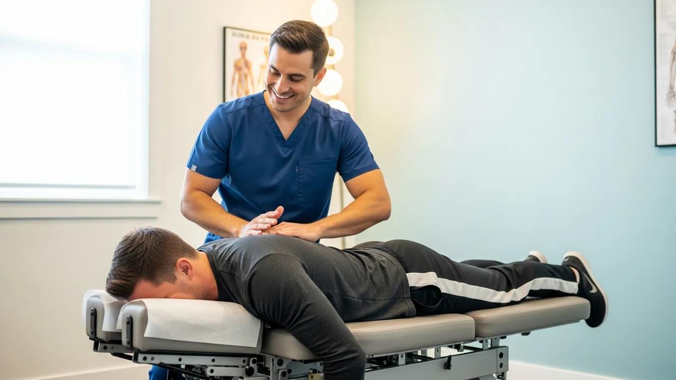 Chiropractor performing spinal adjustments on a patient, emphasizing non-invasive therapy methods