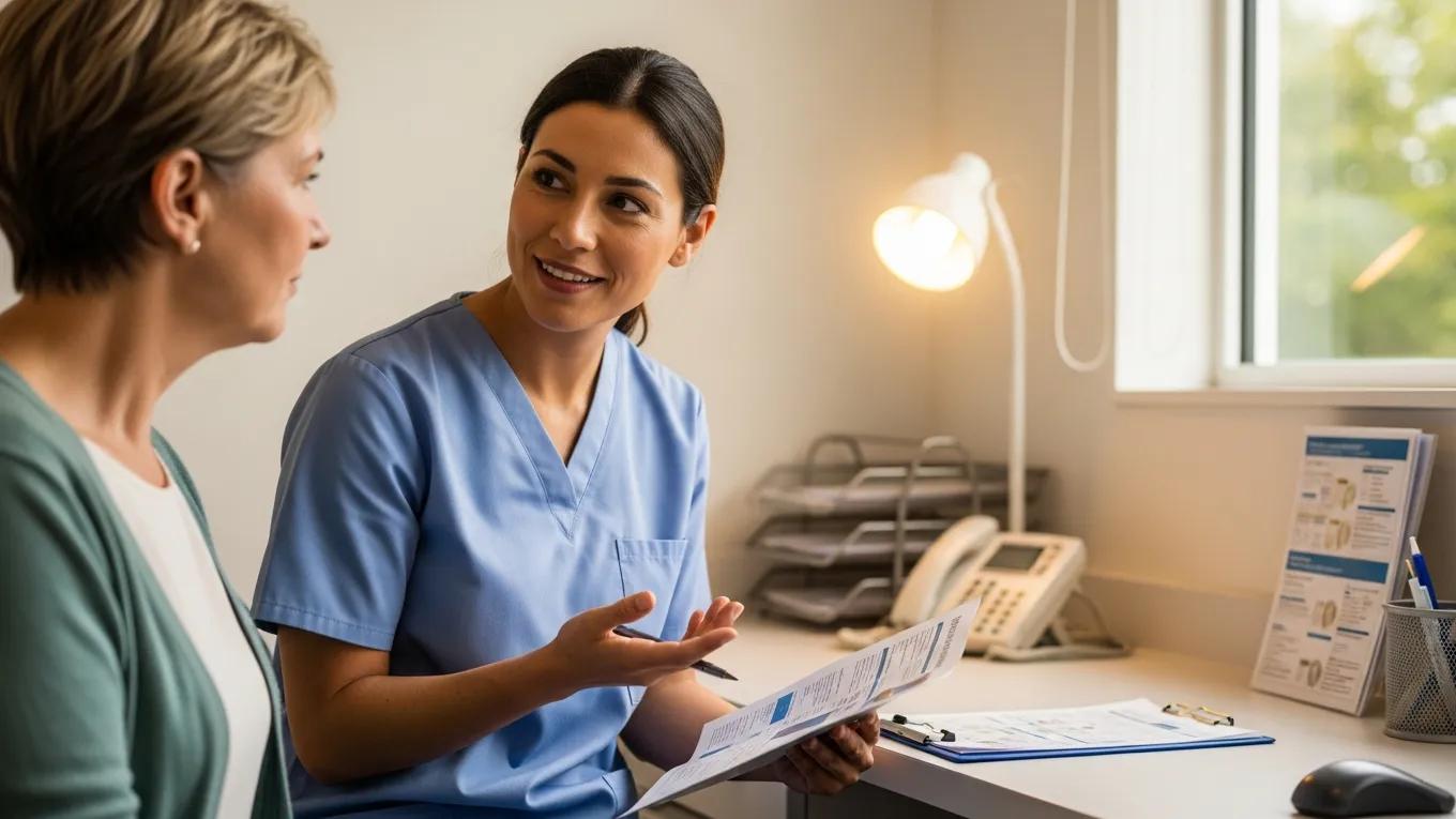 Healthcare provider discussing personalized treatment options with a patient in a supportive clinic