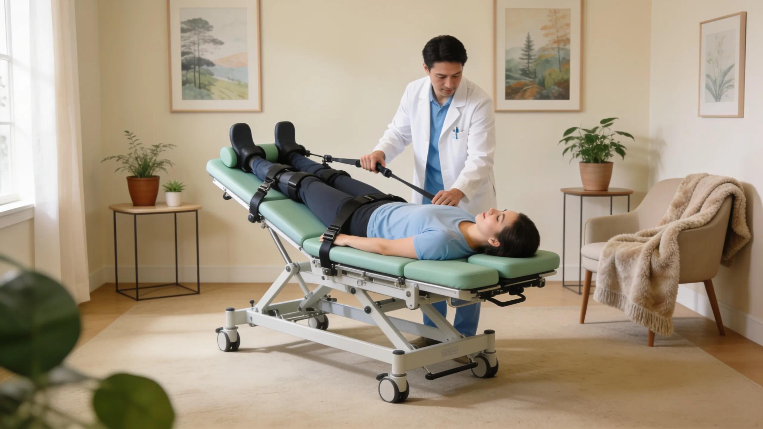 Spinal decompression therapy room with a traction table and healthcare professional assisting a patient