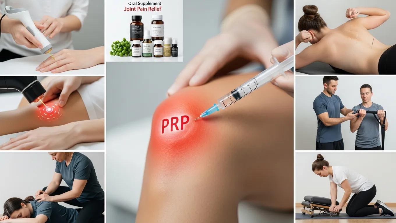 Collage of non-surgical treatments for joint pain including PRP therapy and laser therapy