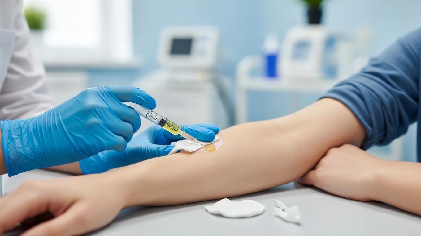 Patient receiving regenerative medicine injection in a clinic setting, focusing on the injection process