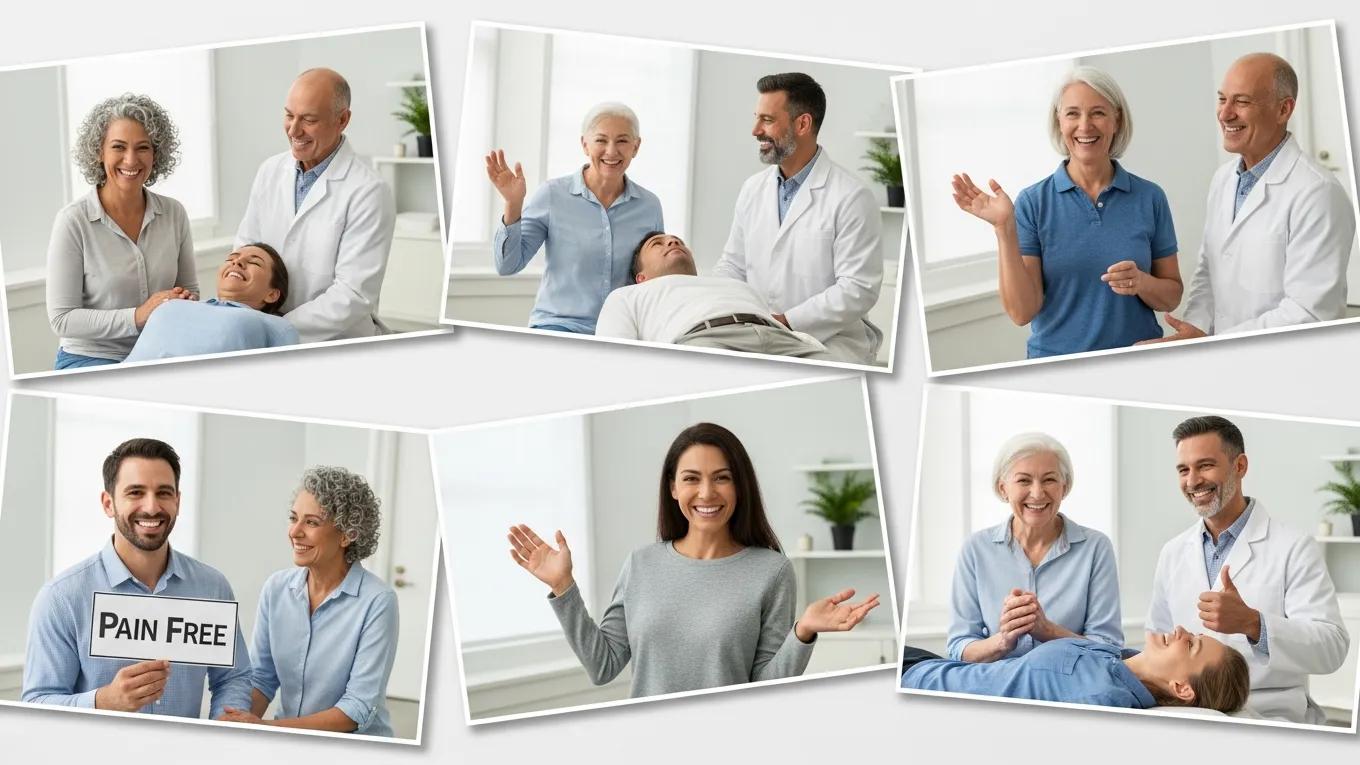 Collage of satisfied patients sharing success stories in a chiropractic clinic, highlighting positive outcomes of neuropathy treatment