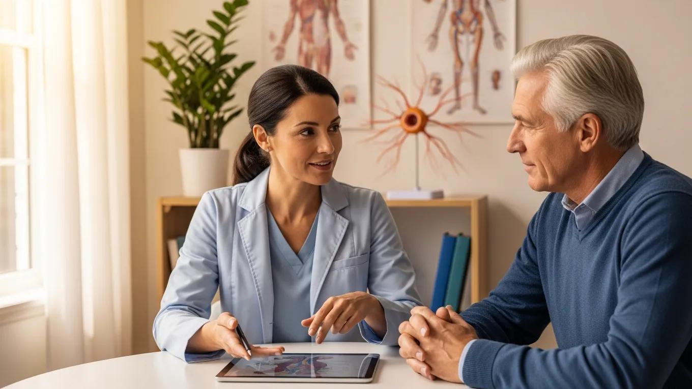 Healthcare provider explaining neuropathy treatment options to a patient in a comfortable consultation setting