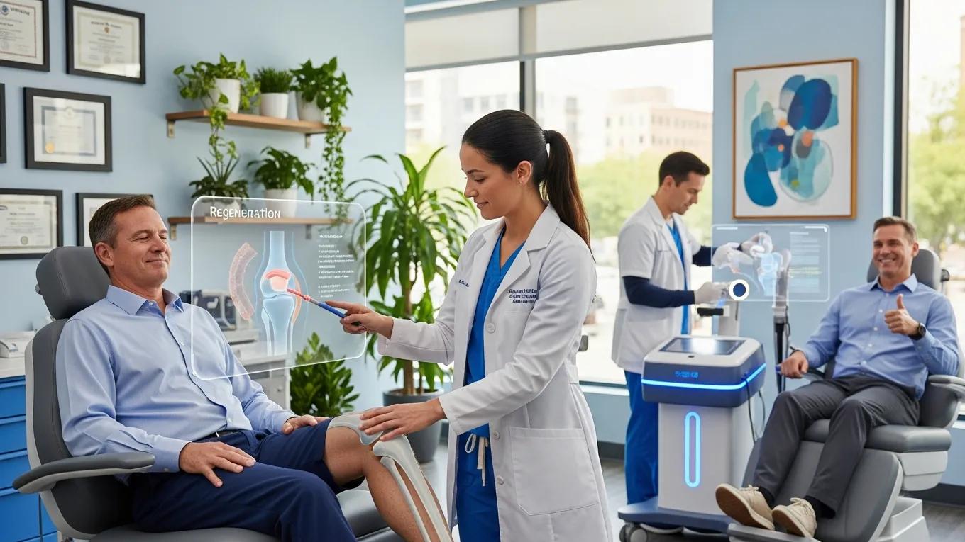 Healthcare professional administering regenerative medicine treatment for joint pain relief in a modern clinic