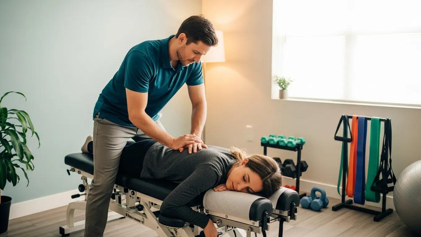 Chiropractor providing a spinal adjustment to support regenerative joint treatment in a calming clinic setting