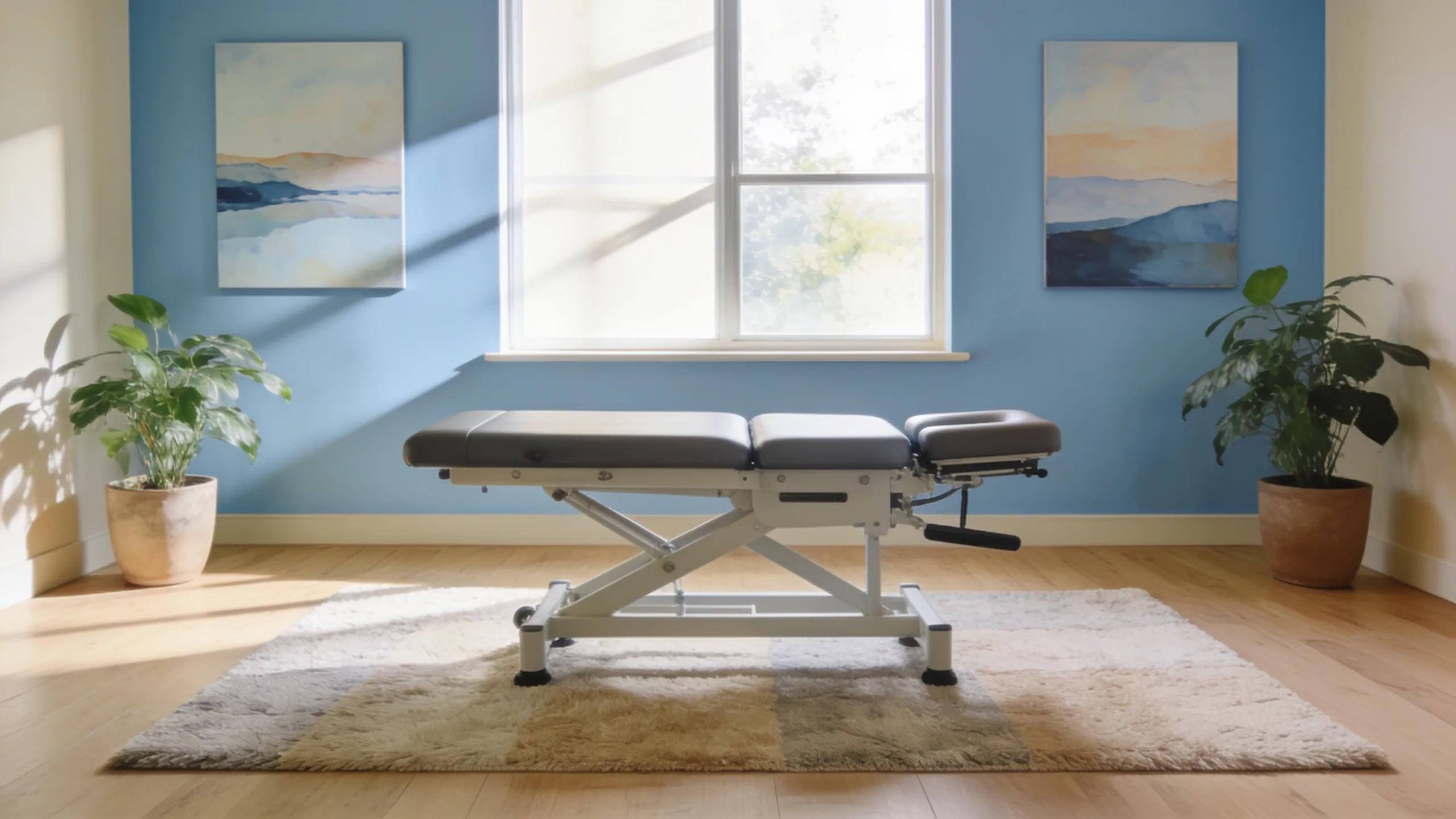 Non-surgical back pain treatment room with chiropractic table and calming decor