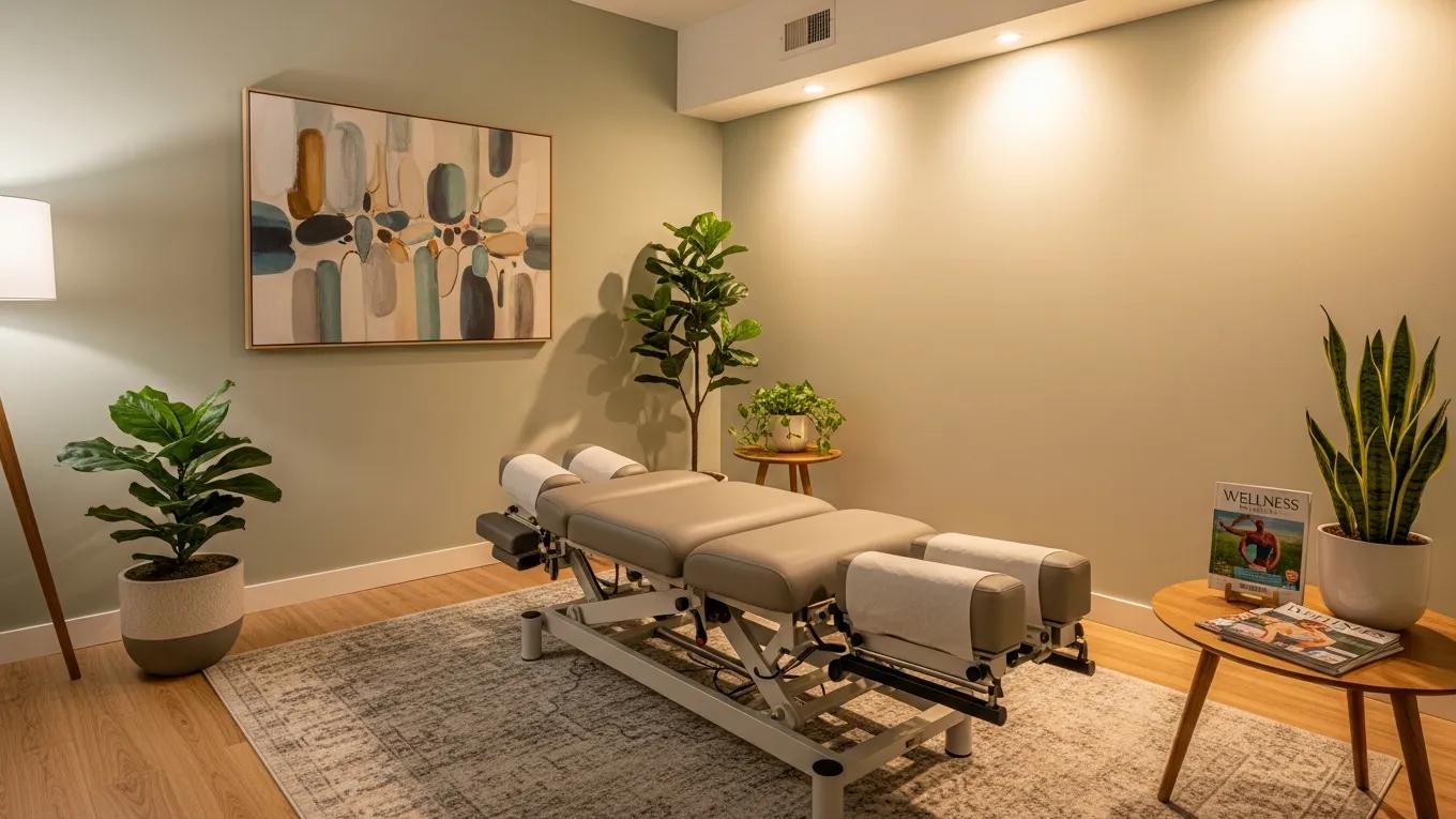 Chiropractic treatment room designed for relaxation and healing, featuring soothing decor and treatment equipment