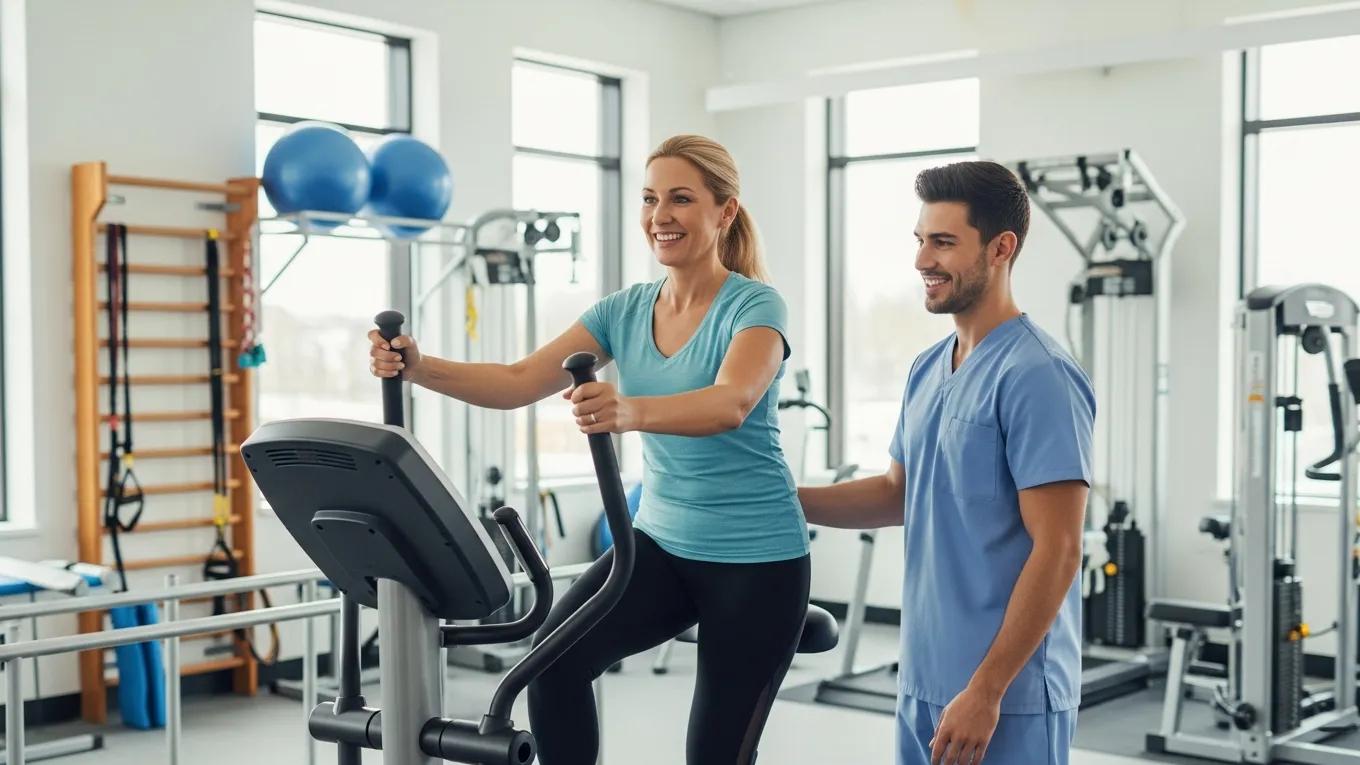 Patient experiencing enhanced mobility and joy during physical rehabilitation after regenerative medicine treatment
