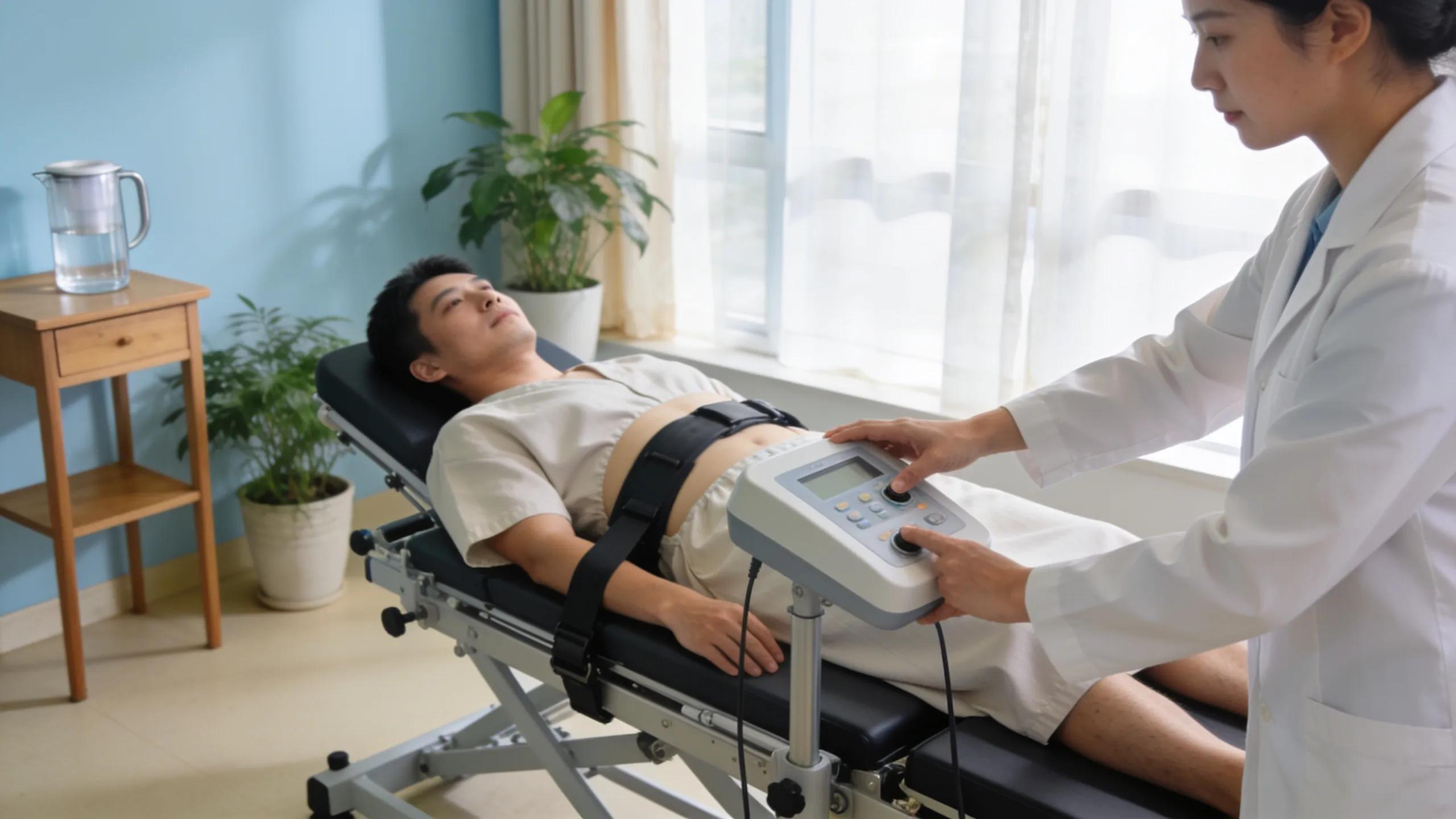 Chiropractic clinic scene with a patient undergoing non-surgical spinal decompression therapy
