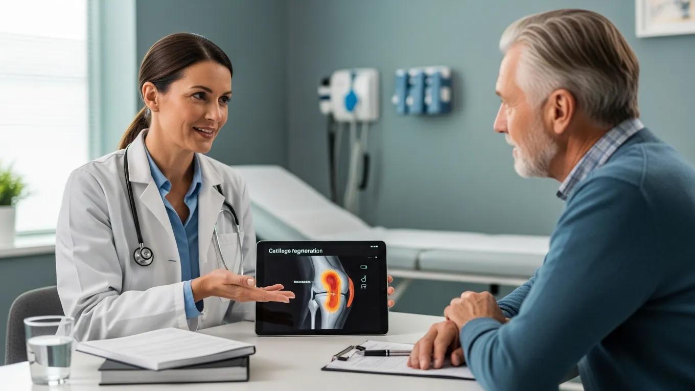 Healthcare professional discussing regenerative medicine for joint pain relief with a patient in a medical clinic