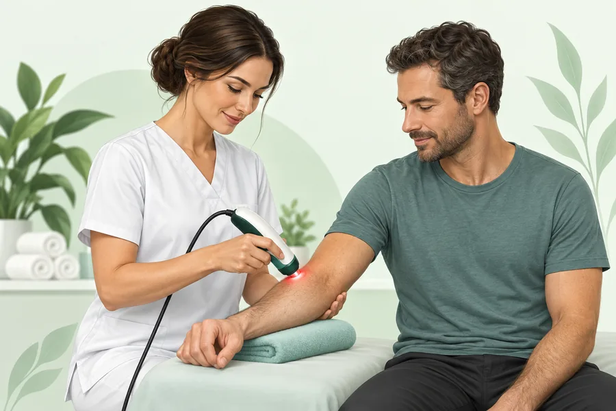 Illustration of a therapeutic laser handpiece at the forearm