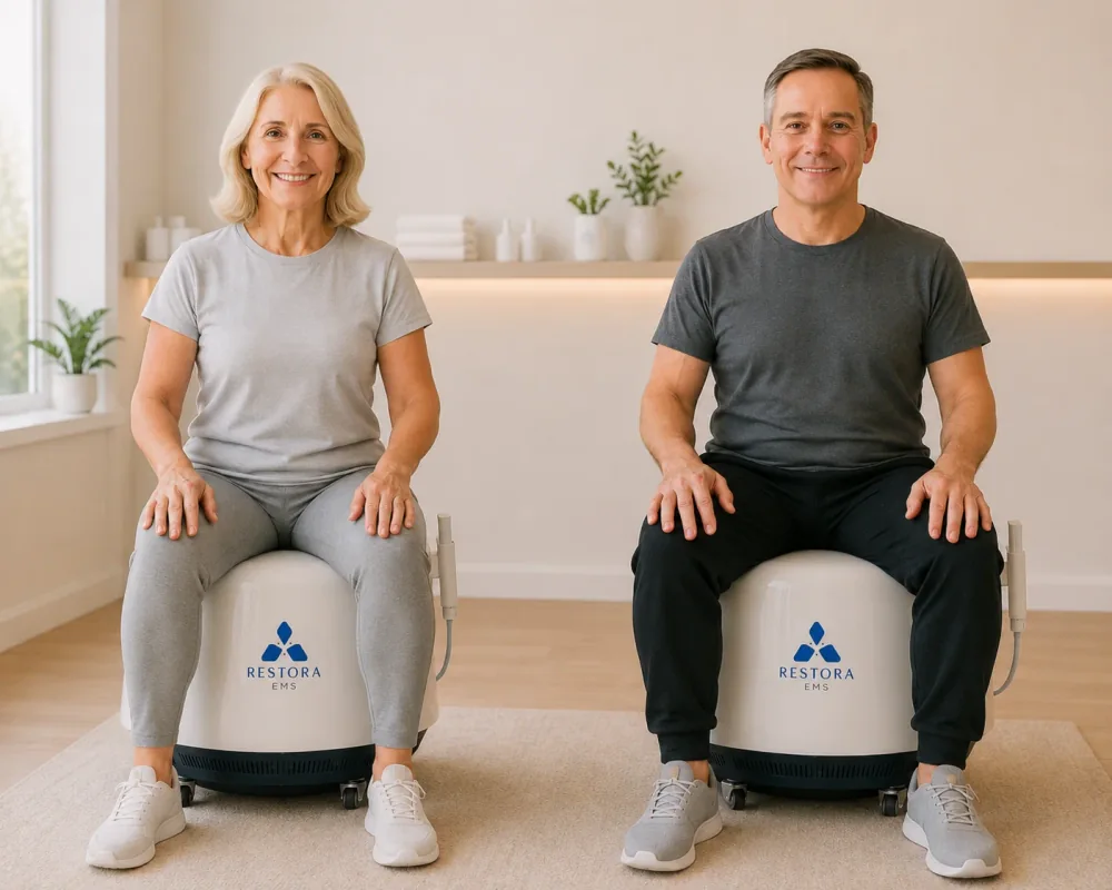 Manufacturer illustration of a woman and man seated on ReStora EMS chairs