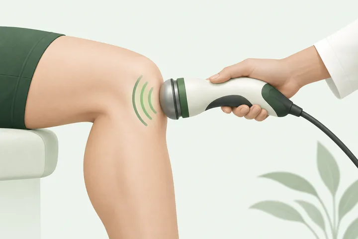 Illustration of a shockwave applicator at the knee